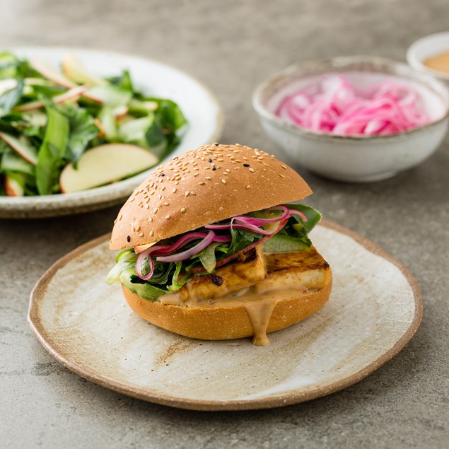 SATAY TOFU BURGERS WITH PICKLED ONION AND CHILLI JAM