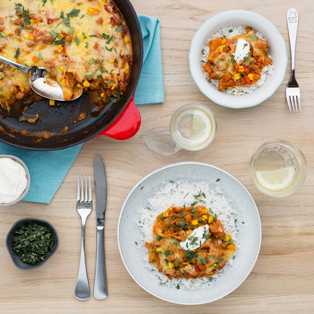 Cheesy Veggie Chilli Bowls with Jasmine Rice