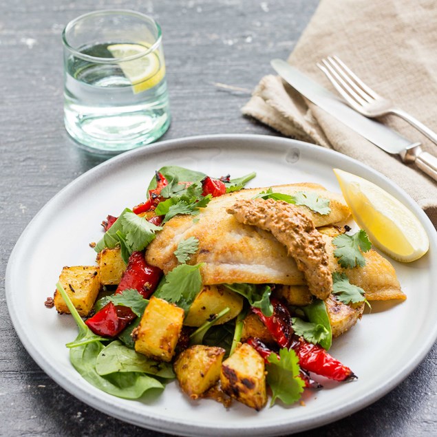 Pan-Fried Fish and Tunisian Tabil Roast Potatoes and Capsicum with Eggplant Relish