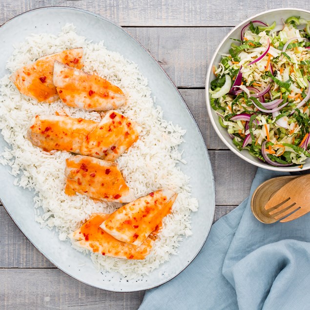 Sweet Chilli Baked Fish with Coconut Rice and Asian Slaw