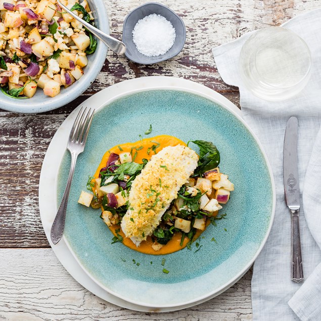 Tunisian Fish with Spiced Carrot Puree and Roasted Cauliflower