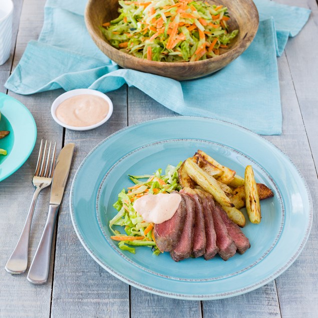 Beef Sirloin Steaks with Smoky Wedges and Chipotle Mayo