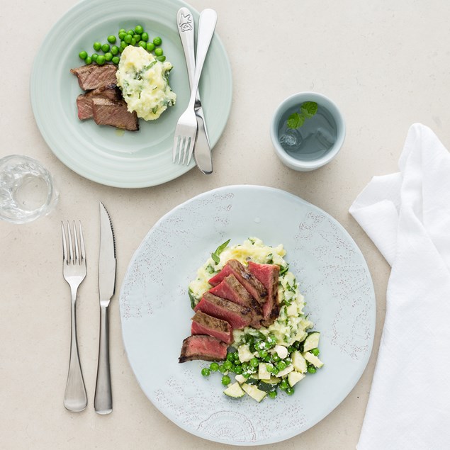 Marinated Beef Steak with Spinach, Basil and Feta Smash