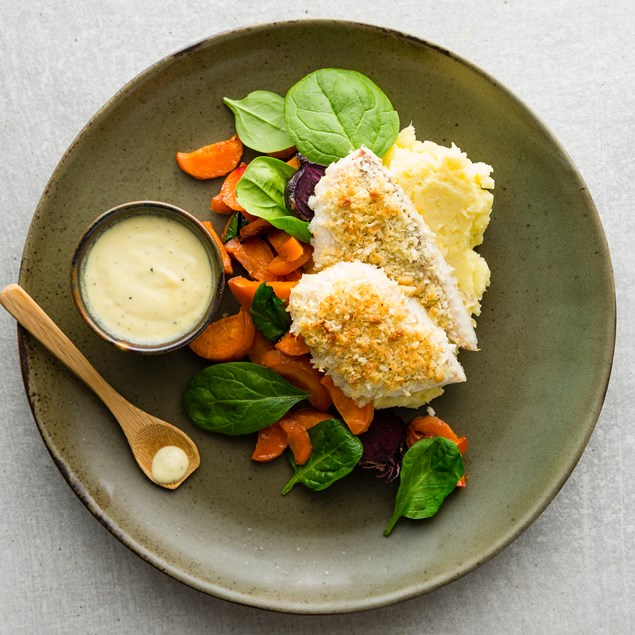 Pine Nut Crusted Fish with Zesty Potatoes and Winter Vegetables