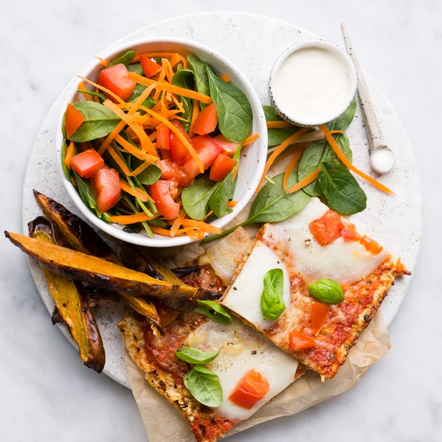 Tomato & Mozzarella Cauliflower Pizza with Carrot & Spinach Salad