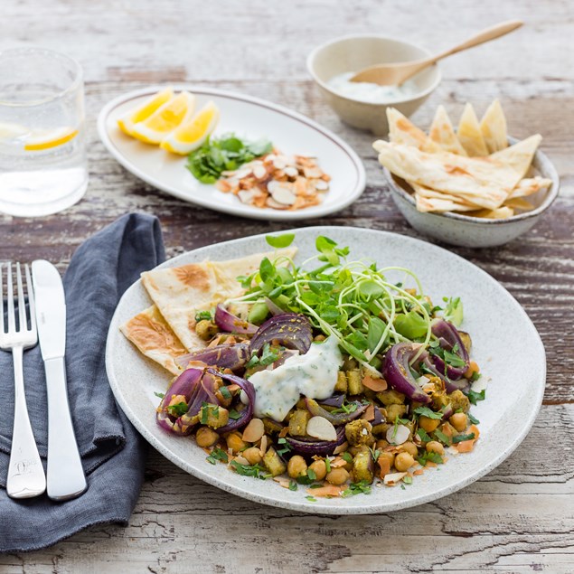 Tamarind Roast Eggplant and Chickpea Salad with Coconut Dressing