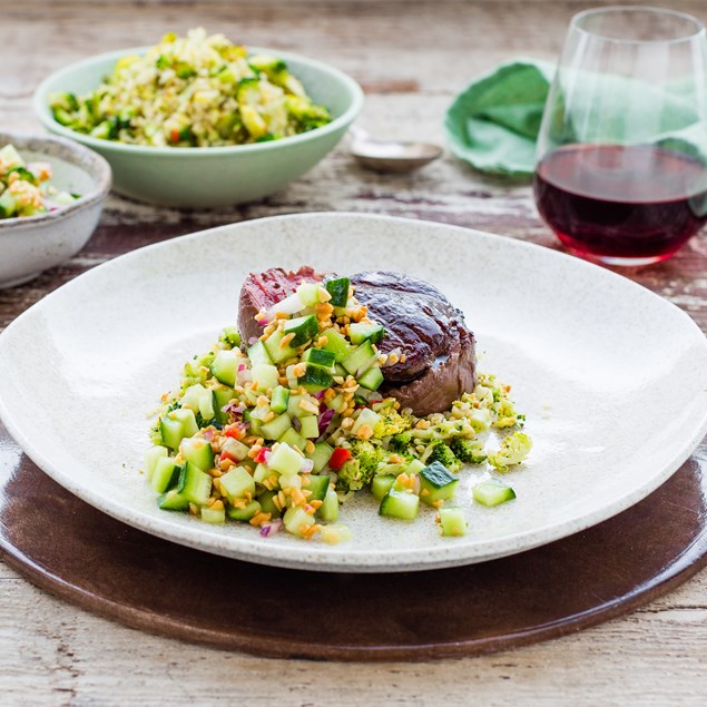 Sticky Asian Beef with Peanut and Cucumber Salsa