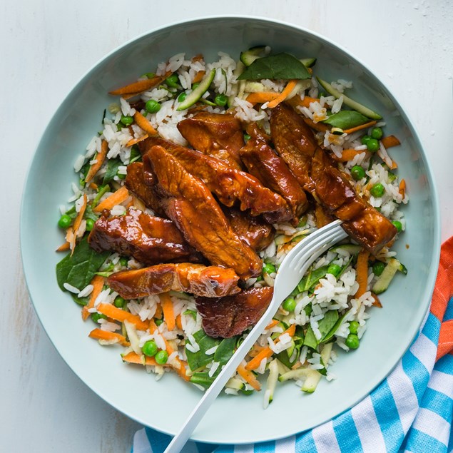 Glazed Pork Steaks with Veggie Rice