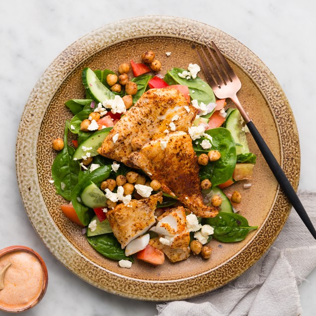 Moroccan Fish with Spiced Chickpeas and Chopped Salad