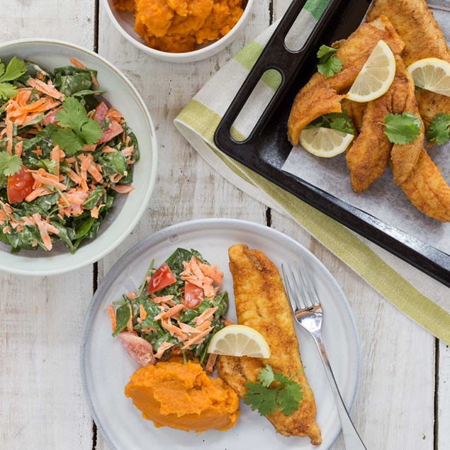 Fish with Kumara Mash and Tomato Spinach and Carrot Salad