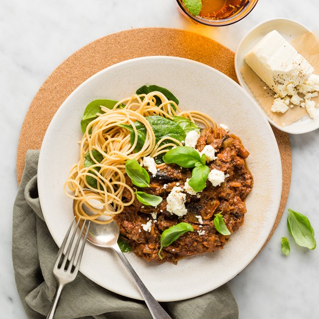 Beef and Venison Bolognese with Spelt Spaghetti and Silverbeet