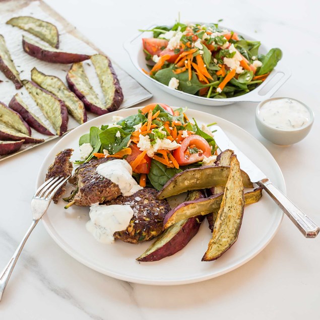 Rosemary Olive Lamb Patties with Minted Yoghurt and Kumara Chips