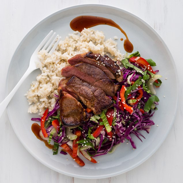 Sticky Lamb with Brown Rice and Asian Sesame Slaw