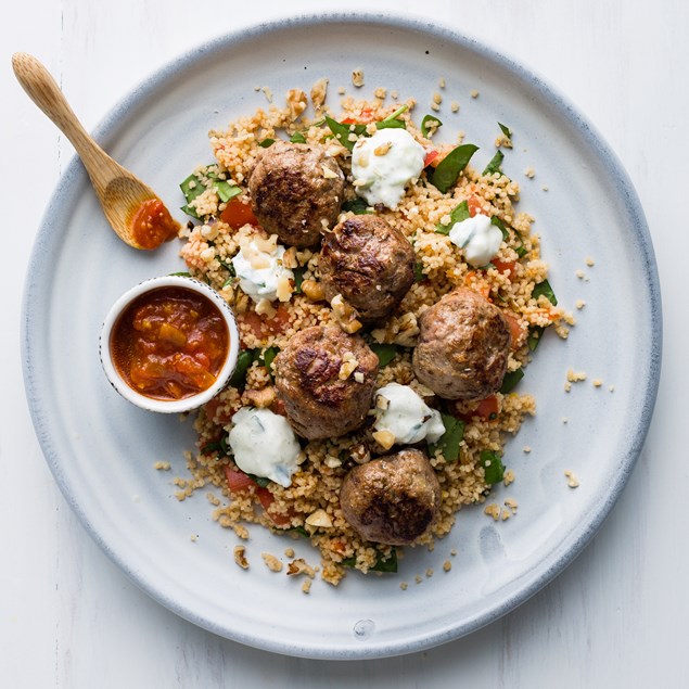 Lamb Meatballs with Kasundi Couscous and Cucumber Sour Cream