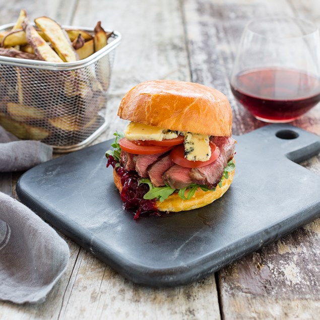 Beef, Beetroot and Blue Cheese Brioche Burgers with Kumara Chips