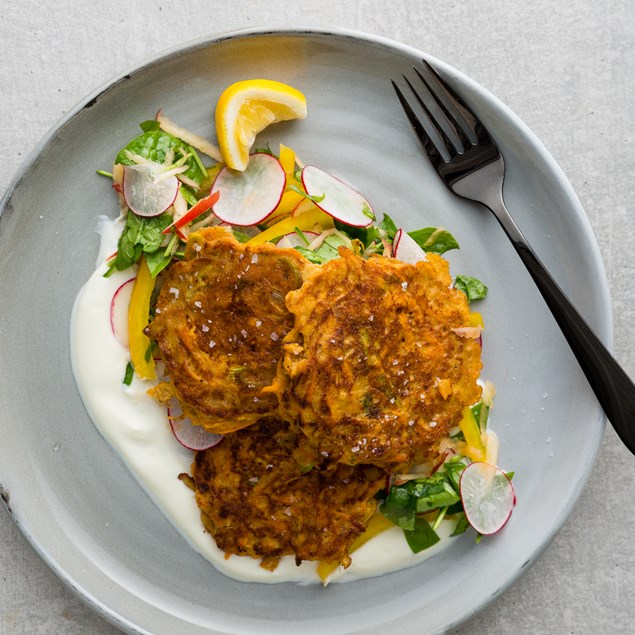Middle Eastern Carrot Fritters with Whipped Feta and Apple Salad