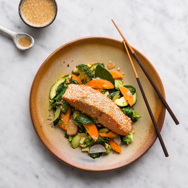 Miso Glazed Salmon with Broccoli Radish Stir-fry