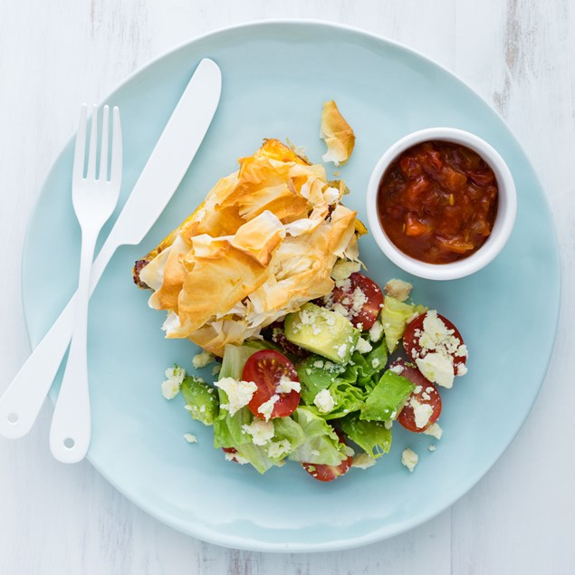 Bacon and Egg Filo Pie with Salad and Tomato Relish
