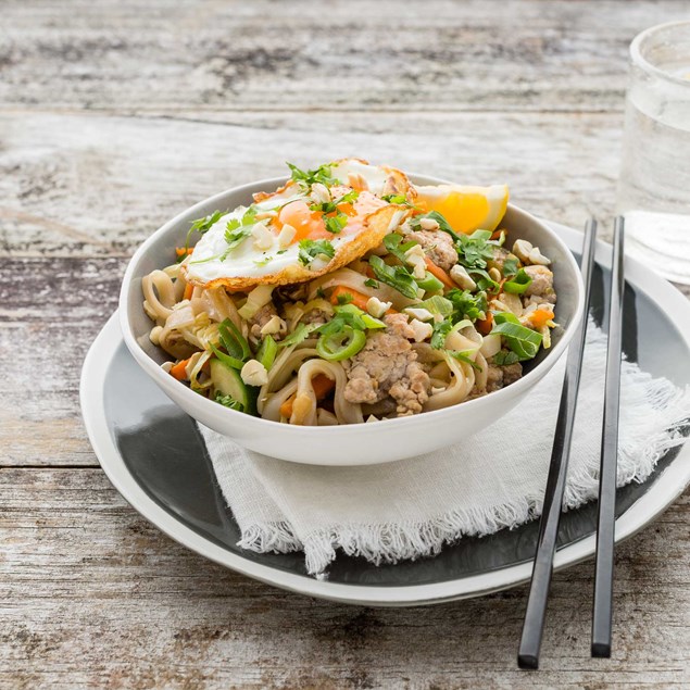 Turkey Noodle and Vegetable Stir-Fry with Fried Egg