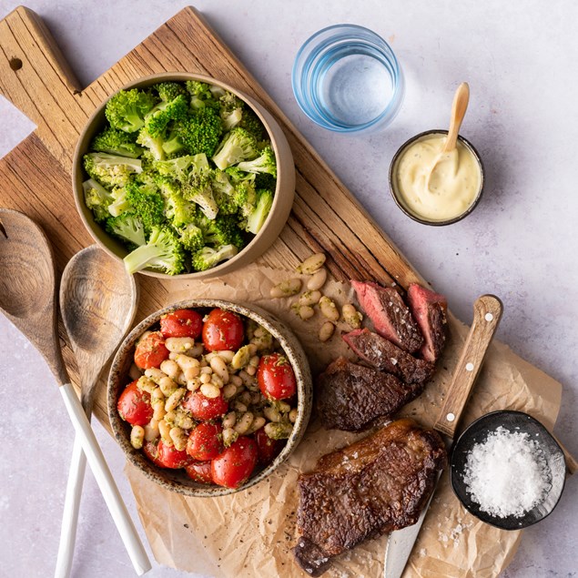 Beef Sirloin Steak with Cherry Tomatoes, Beans and Salsa Verde