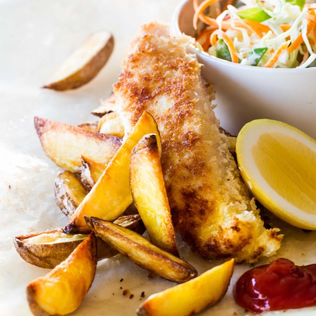 Panko-Crumbed Fish ‘N’ Wedges with Coleslaw