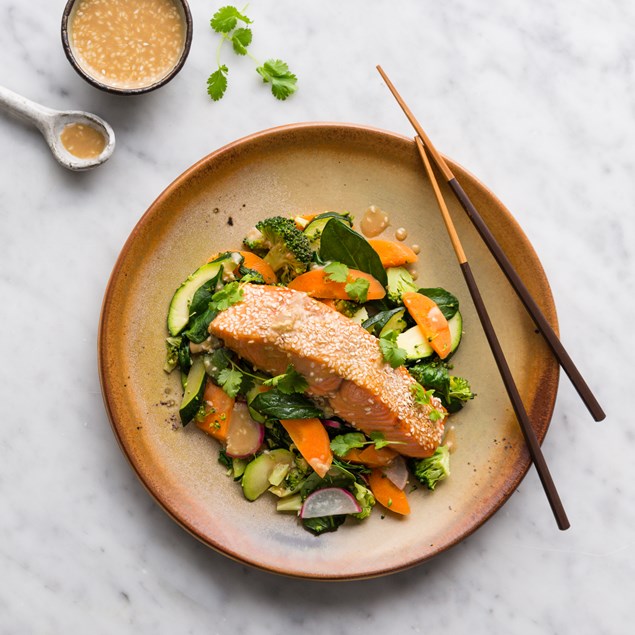Miso Glazed Salmon with Broccoli Radish Stir-fry