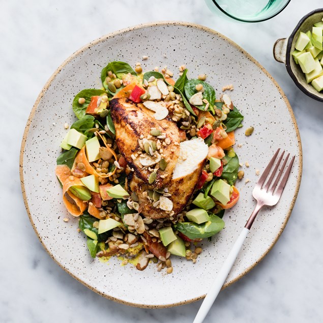 Spiced Chicken With Lemongrass Scented Lentil Salad