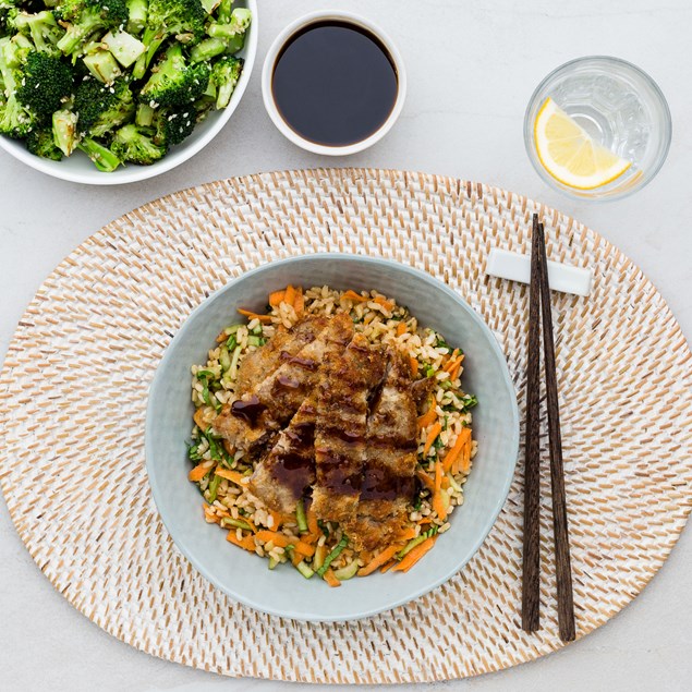 Beef Katsu with Vegetable Rice and Sesame Broccoli