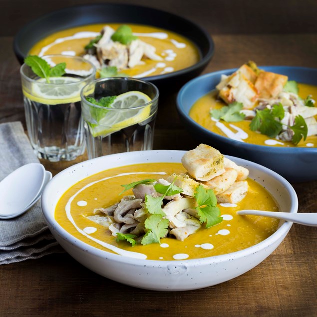 Indian Roast Chicken and Pumpkin Soup with Garlic Croutons 