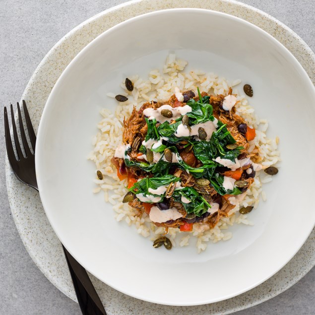 Hoppin’ John with Brown Rice and Sautéed Spinach