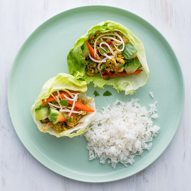 Thai Turkey Lettuce Cups with Rice and Crispy Shallots 