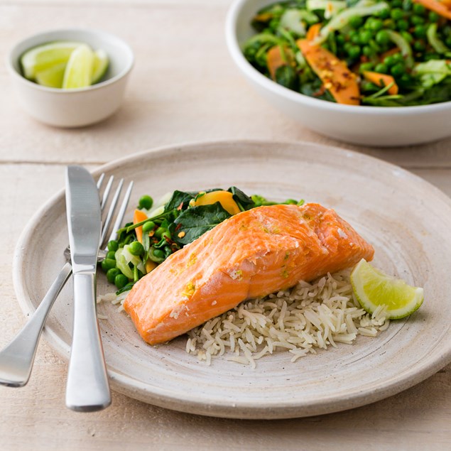 LIME-BAKED SALMON PARCEL WITH CORIANDER BROWN RICE