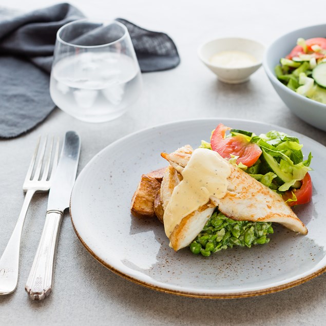 Pan-Fried Fish with Green Pea Smash and Hollandaise