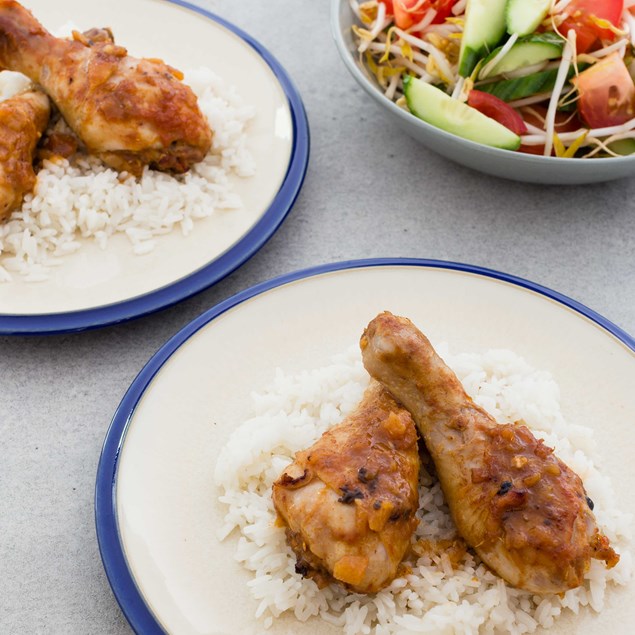 Sticky Hawaiian Chicken Drums, With Rice and Chopped Salad