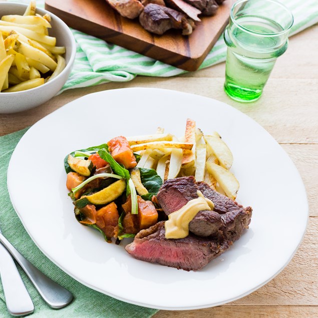 Beef Sirloin Steaks with Hand-Cut Chips and Mustard Sauce