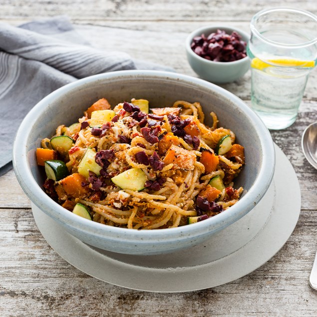 Roast Pumpkin Mediterranean Spaghetti with Sundried Tomato Pesto