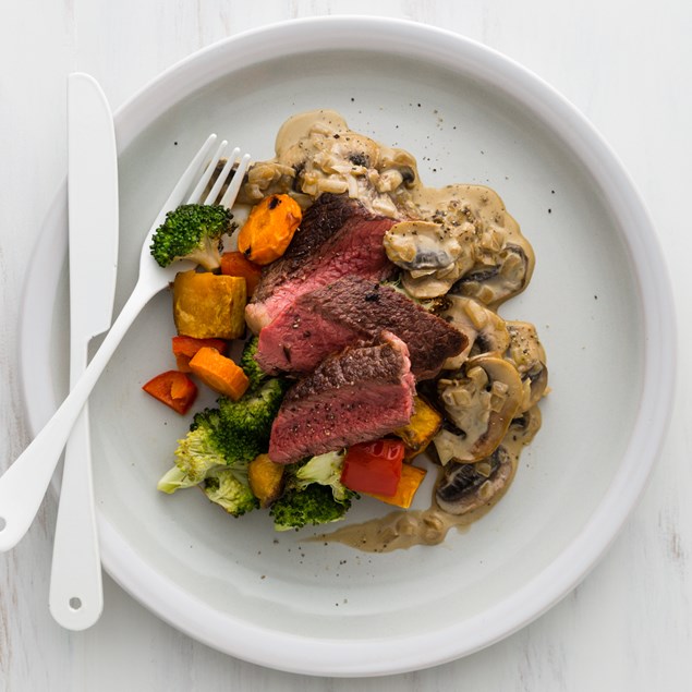 Beef Scotch Steaks with Creamy Mushroom Sauce and Roasties