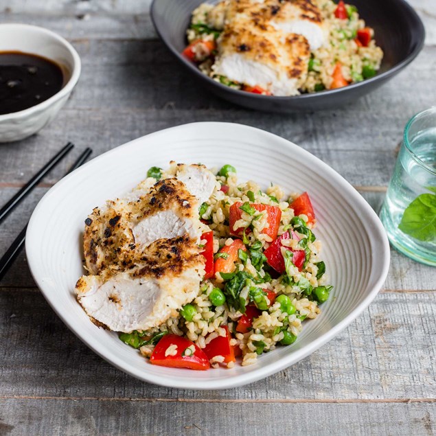Crumbed Chicken with Asian Brown Rice Salad and Katsu Sauce