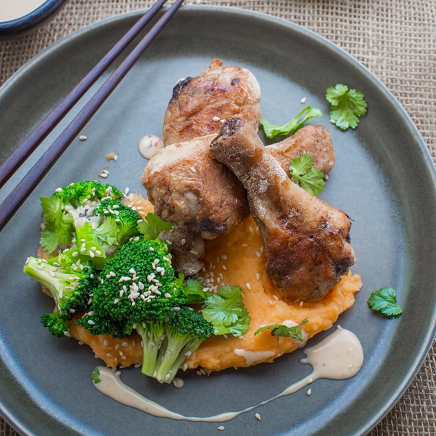 Chinese Chicken Drumsticks, Potato Kumara Mash, Broccoli and Miso-Mayo Dressing
