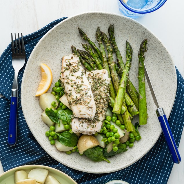 Herb Butter Baked Fish with Asparagus & Baby Potatoes