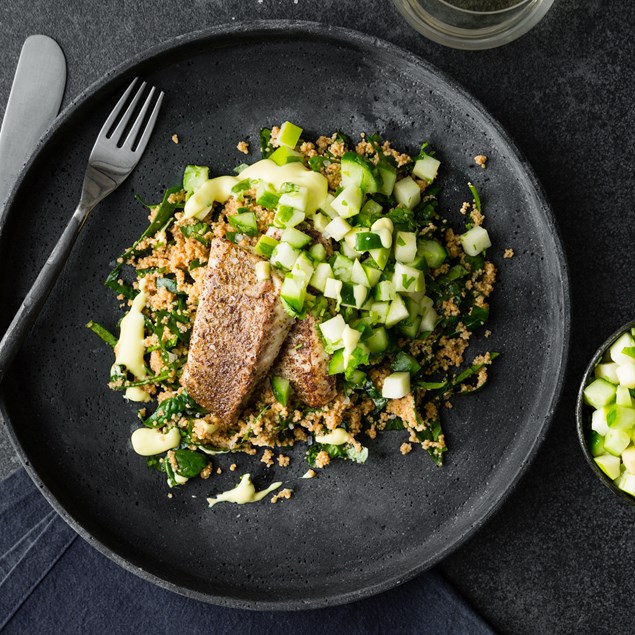 Crispy Lebanese Fish with Cucumber Salad & Orange Saffron Aioli