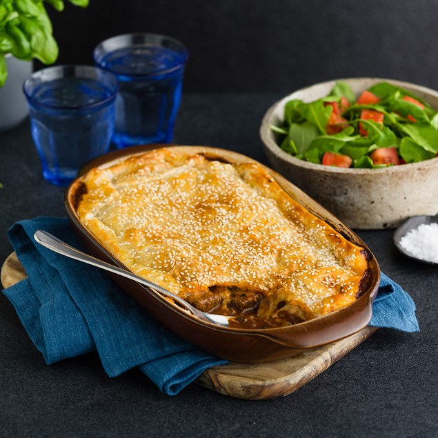 Beef and Mozzarella Pie with Tomato and Basil Salad