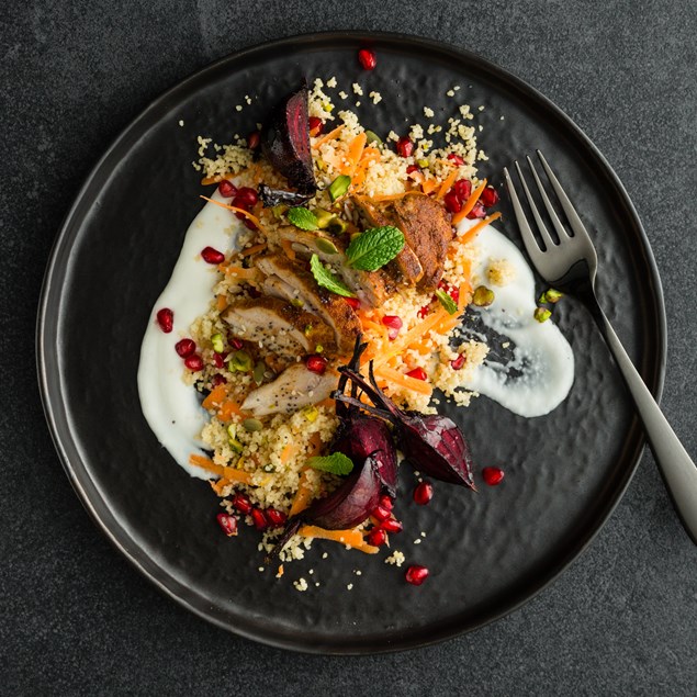 Lebanese Chicken with Couscous, Pomegranate and Toum 