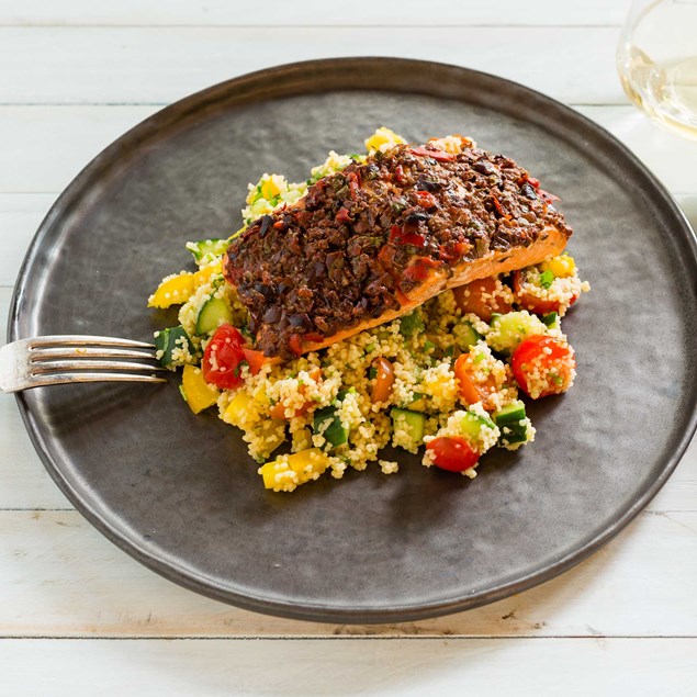 Olive-Baked Salmon with Mediterranean Couscous