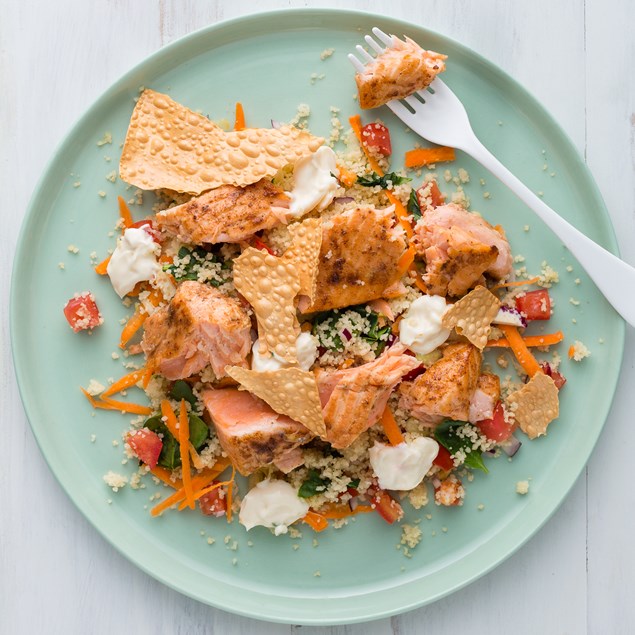 Spiced Salmon with Tomato Couscous and Coriander Mayonnaise 