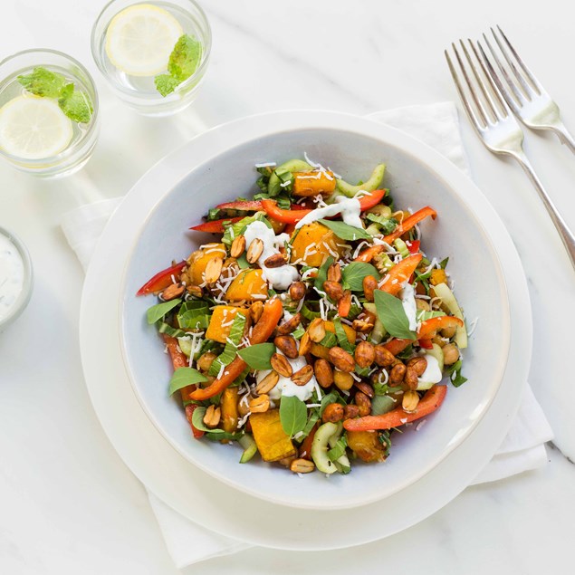 Lemongrass and Coconut Sugar Pumpkin and Chickpeas with Peanuts and Basil Yoghurt