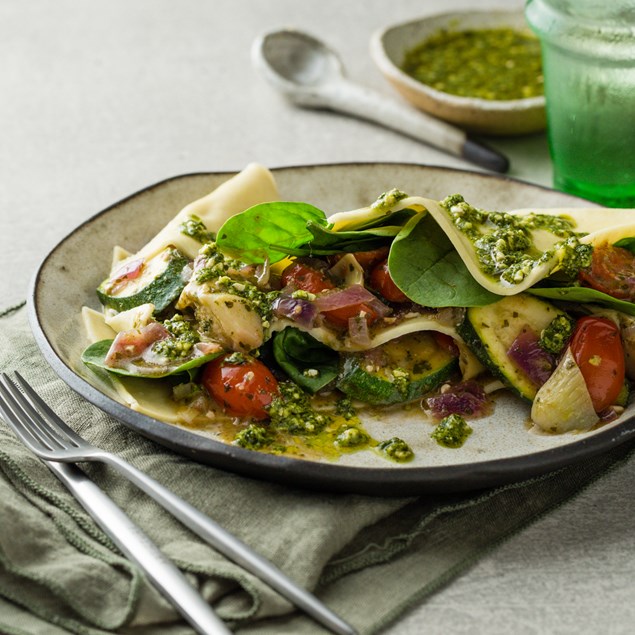 Open Lasagne with Courgette, Artichokes & Basil Pesto