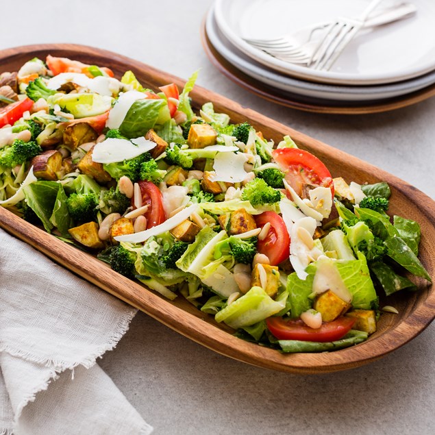 Broccoli and Cannellini Bean Caesar Salad with Parmesan Kumara
