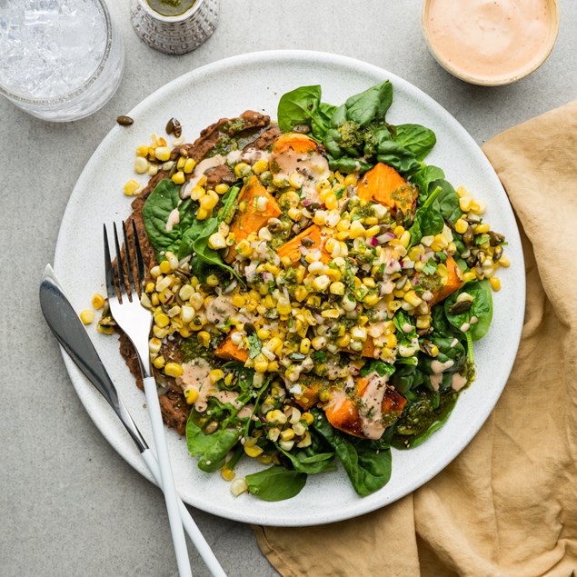 Maple Roasted Kumara Salad with Pepita Sweetcorn Salsa & Creamy Black Beans