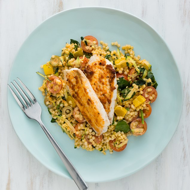Mediterranean Fish with Pearl Couscous Salad
